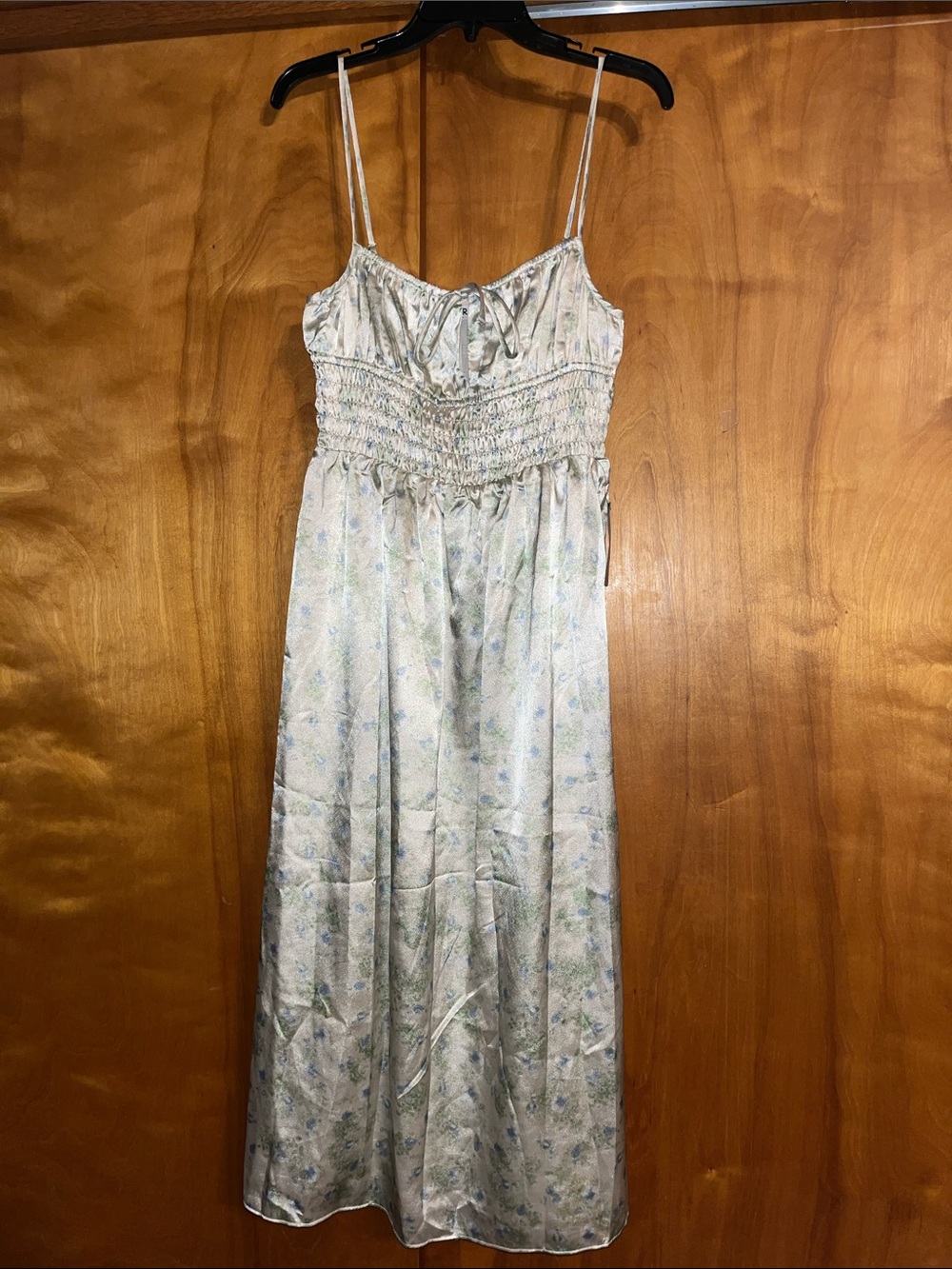 Astr the Label Smocked Light Blue Floral Spaghetti-Strap Midi Dress